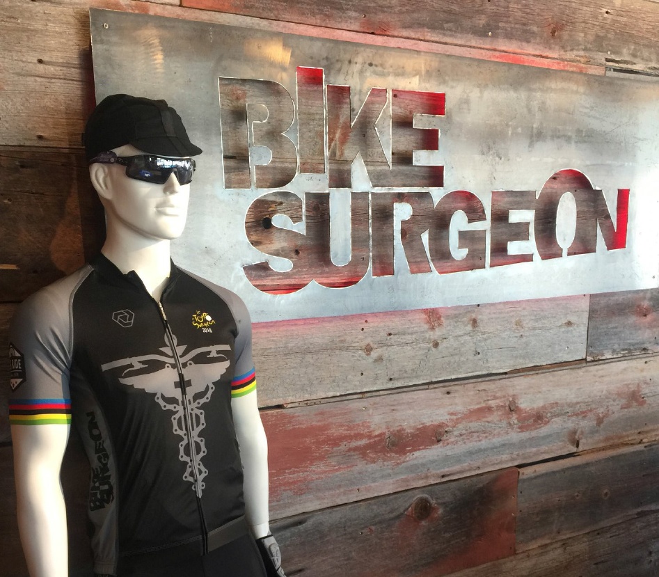 Bike Surgeon logo with dressed up manequin
