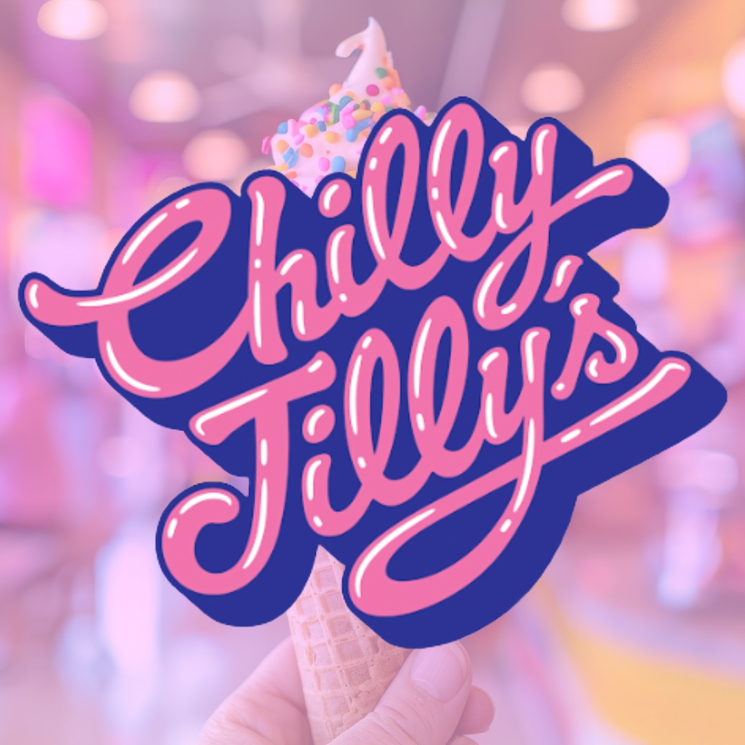 Chilly Jilly's Logo. It's pink and purple in a 1990's bubble font. 