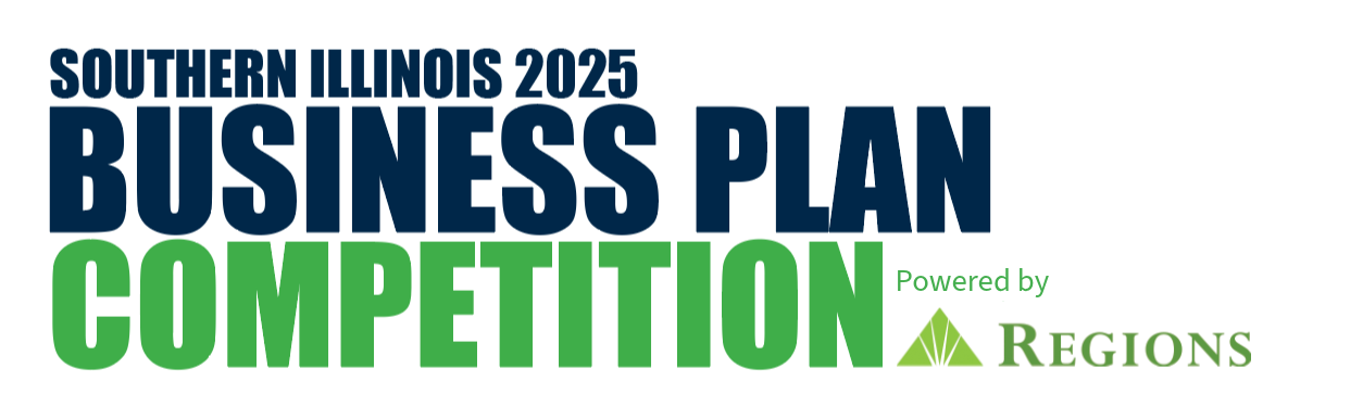 A logo with blue and green text that says "Southern Illinois 2025 Business Plan Competition Powered by Regions. It includes the Regions Bank logo. 