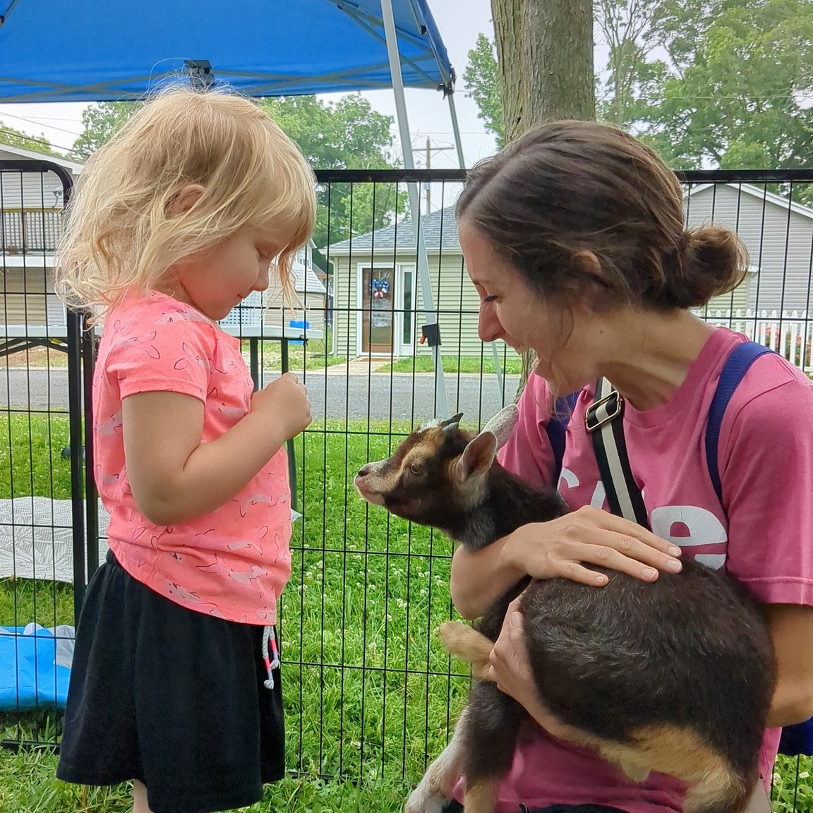 A woman holding a a baby goat kneels so a small child can pet it. 