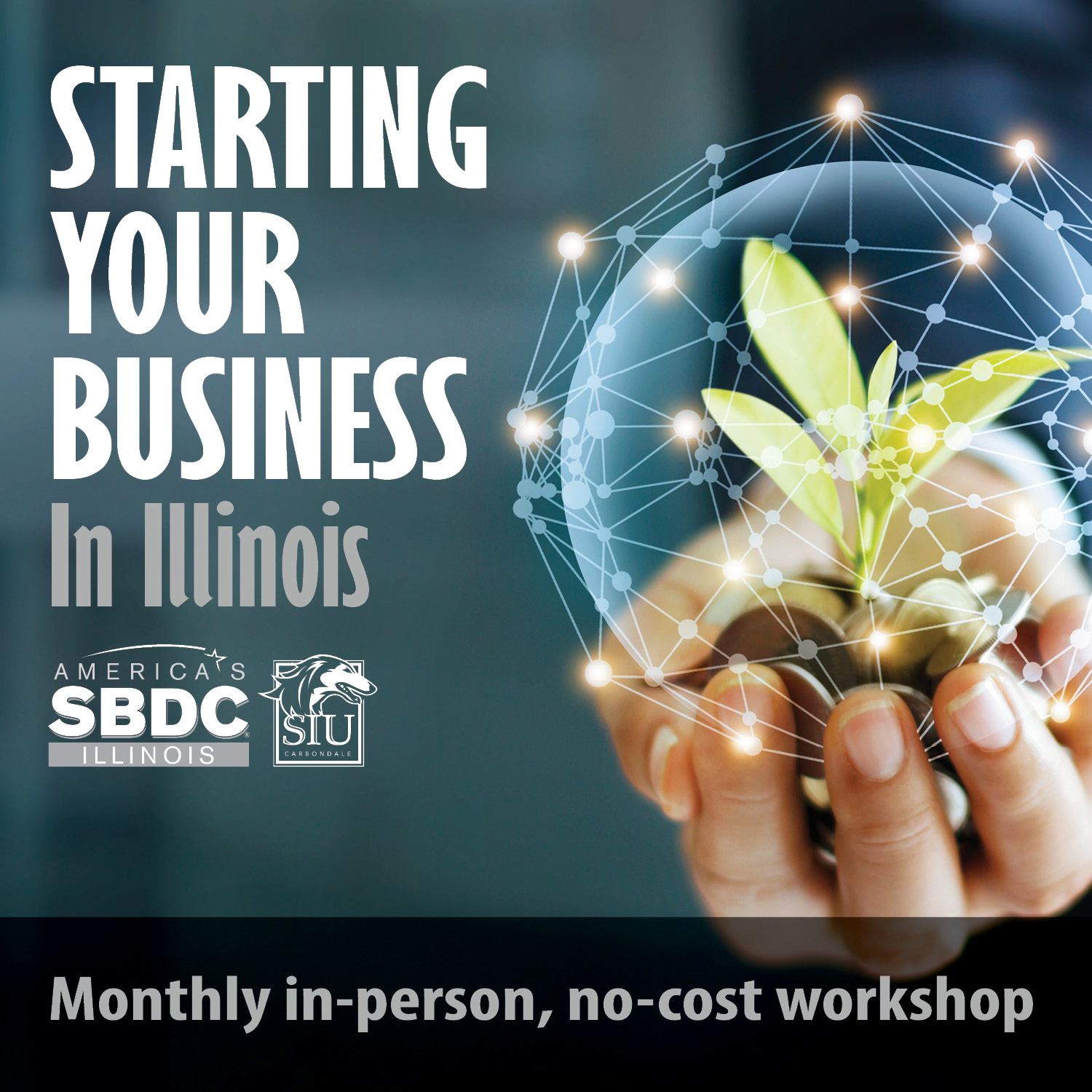 An image of a hand holding a plant with a network of connections superimposed over it. In large font, the words Starting Your Business in Illinois fill the left side of the image. 