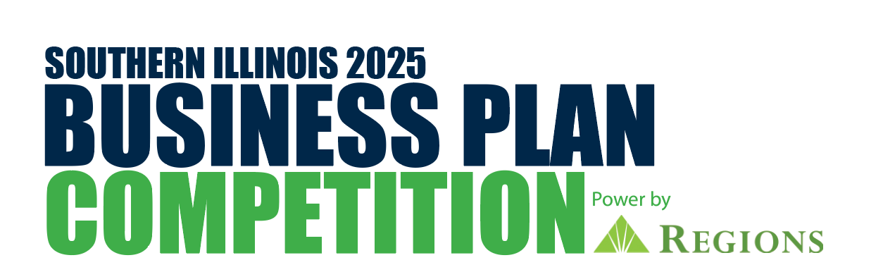 A logo with blue and green text that says "Southern Illinois 2025 Business Plan Competition Powered by Regions. It includes the Regions Bank logo. 