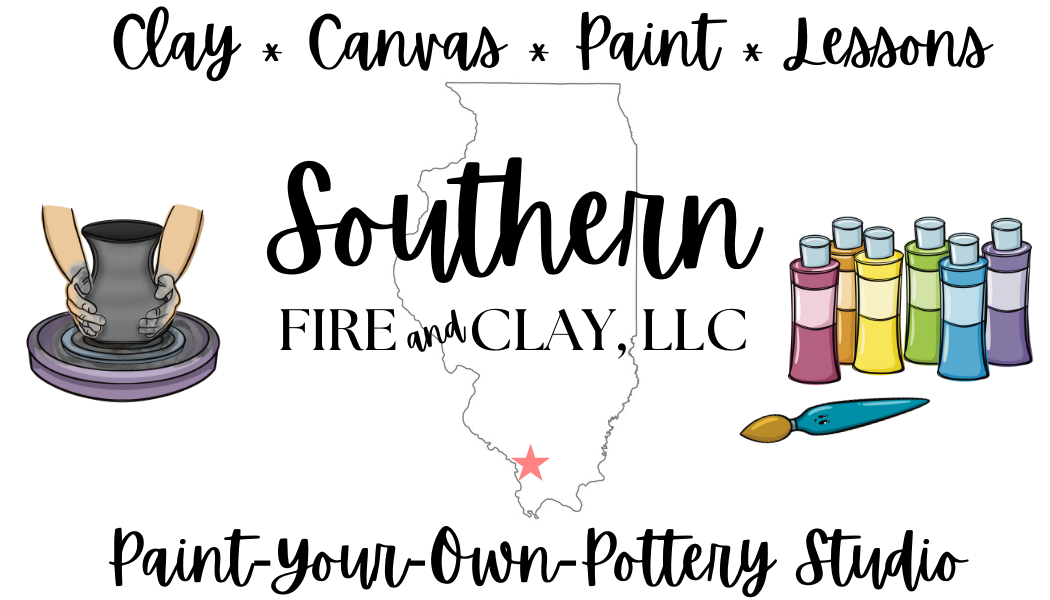 Southern Fire and Clay's Logo and business card. It has an image of hands and a pottery wheel on the left and paints and a paintbrush on the right. 