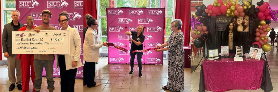 There are three photos from a previous Carbondale Accelerator Program graduation side-by-side. One shows a graduate holding a giant check, the center one shows a woman cutting a giant ribbon with giant scissors, and the last shows a woman standing behind a table at a vendor fair.