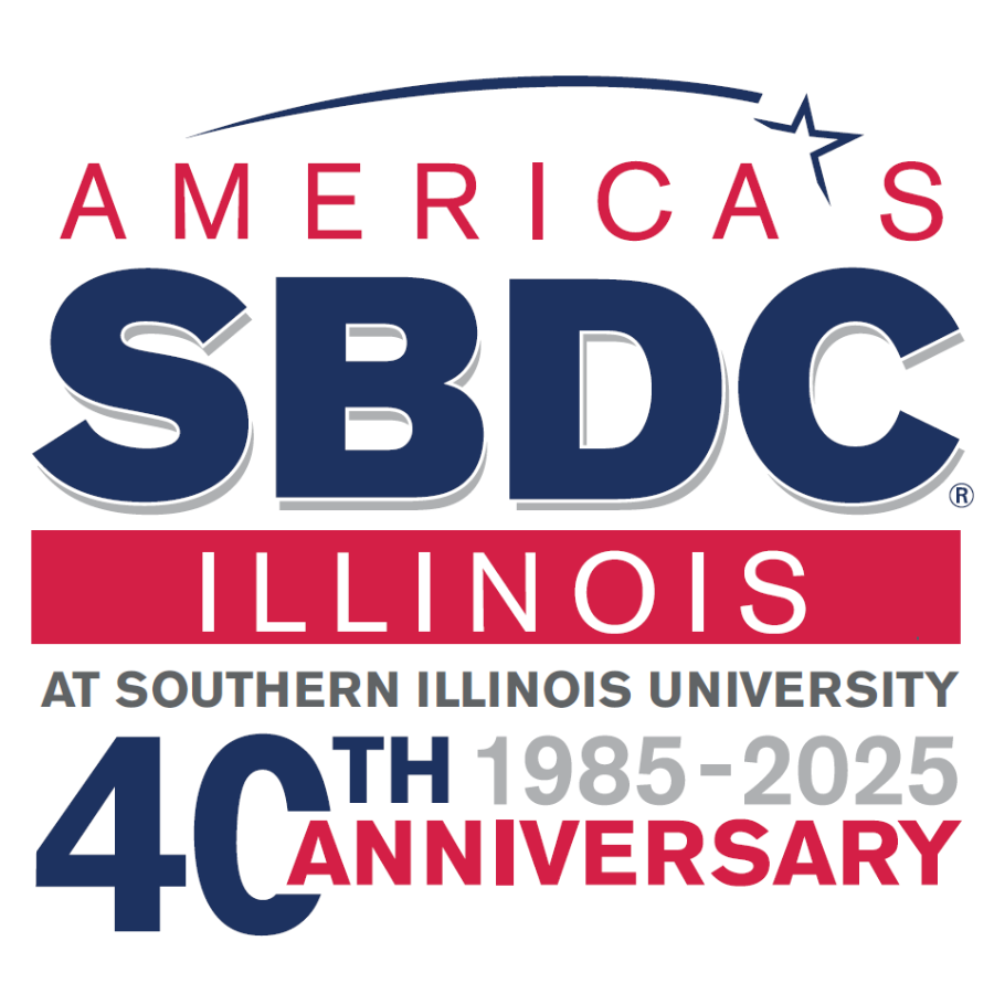 A logo in red, white, and blue text that says "America's SBDC Illinois at Southern Illinois University, 40th Anniversary, 1985-2025."